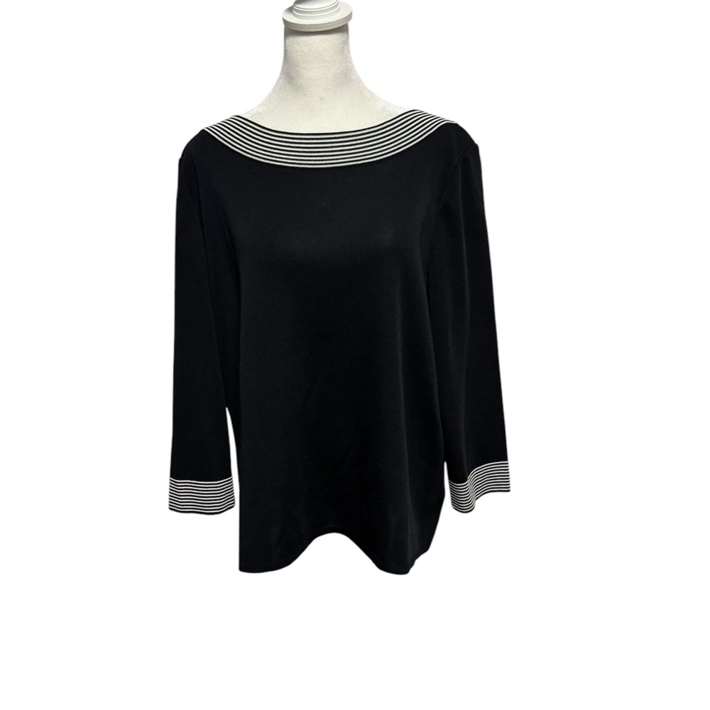 Pleinair Black Top w/Black and White Stripes at neck and cuffs. Size XL. EUC